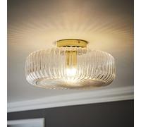 ValueLights | Calpe Antique Brass Large Clear Ribbed Glass Shallow Flush Ceiling Light with Bulb | Ceiling Lights, Home Décor & Improvement Essential