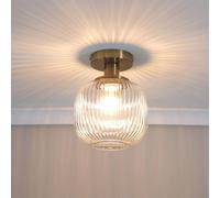 ValueLights | Gold Flush Ceiling Light Fitting with Ribbed Clear Glass Shade | Pendant Lights, Home Décor & Improvement Essential