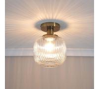 ValueLights | Gold Flush Ceiling Light Fitting with Ribbed Clear Glass Shade | Close-to-Ceiling Lights, Home Décor & Improvement Essential | Includes Bulb