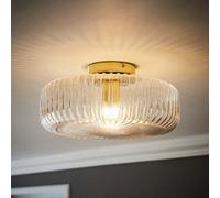 Valuelights Calpe Large Gold Flush Ceiling Light With Ribbed Clear Shade