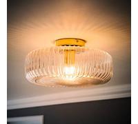 Valuelights Calpe Large Gold Flush Ceiling Light With Ribbed Clear Shade And Bulb