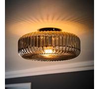 Valuelights Calpe Large Matte Black Flush Ceiling Light With Ribbed Smoked Shade And Bulb