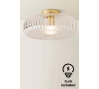 Valuelights Calpe Large Ribbed Glass Shallow Flush Ceiling Light With Led Bulb In Gold Gold