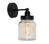 MiniSun | Industrial Steampunk Style Satin Black Pipework Single Wall Light with a Clear Glass Ribbed Pattern Design Jar Shade | Wall Lights & Home Improvements Essential | Mains Wired