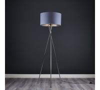 MiniSun | Modern Polished Chrome Metal Tripod Floor Lamp with a Grey and Chrome Shade | Home Décor, Bedside & Desk Lamp