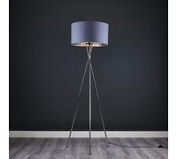 MiniSun | Modern Polished Chrome Metal Tripod Floor Lamp with a Grey and Chrome Shade | Home Décor, Bedside & Desk Lamp