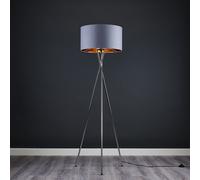 MiniSun Modern Polished Chrome Metal Tripod Floor Lamp with a Grey & Gold Cylinder Shade