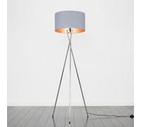 MiniSun | Modern Polished Chrome Metal Tripod Floor Lamp with a Grey & Copper Cylinder Shade - Complete with a 6w LED Bulb [3000K Warm White] | Floor Lamps & Home Improvements Essential