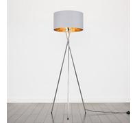 MiniSun | Modern Polished Chrome Metal Tripod Floor Lamp with a Grey & Gold Cylinder Shade - Complete with a 6w LED Bulb [3000K Warm White] | Floor Lamps & Home Improvements Essential