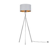 MiniSun Modern Polished Chrome Metal Tripod Floor Lamp with a Grey & Gold Cylinder Shade - Complete with a 6w LED Bulb [3000K Warm White]