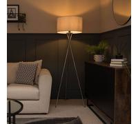 MiniSun | Modern Polished Chrome Metal Tripod Floor Lamp with a Pale Grey Shade | Floor Lamps, Home Décor & Improvement Essential | Includes 1x 6W LED E27 Light Bulb with 3000K Colour Temperature