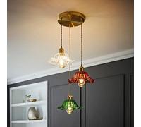 Valuelights Cassia Gold Hanging Triple Ceiling Pendant Light Fitting With Multi Coloured Frill Flower Glass Lampshades