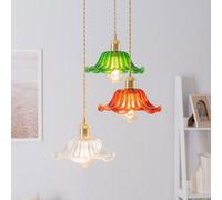 Valuelights Cassia Gold Hanging Triple Ceiling Pendant Light With Multi Coloured Frill Flower Glass Lampshades - Bulbs Included
