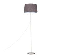 Modern Standard Floor Lamp in a Brushed Chrome Metal Finish with a Dark Grey Faux Linen Tapered Shade