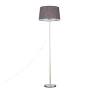 Modern Standard Floor Lamp in a Brushed Chrome Metal Finish with a Dark Grey Faux Linen Tapered Shade