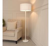 ValueLights | White Metal Single Stem Floor Lamp with Grey Fabric Drum Lampshade for Living Room Lounge | Floor Lamps, Home Décor & Improvement Essential | Included LED Bulb
