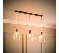 Valuelights Cheltenham Brushed Brass 3 Drop Bar Ceiling Light With Ribbed Shades And Bulbs