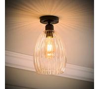 Valuelights Cheltenham Matte Black Flush Ceiling Light With Ribbed Shade And Bulb