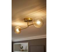 ValueLights | Gold Metal Bar 2 Way Ceiling Light Fitting with Amber Ribbed Glass Globe Shades | Close-to-Ceiling Lights, Home Décor & Improvement Essential | Includes Bulb