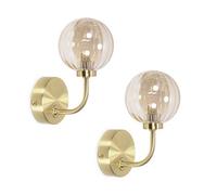 Valuelights Chessy Pair Of - Gold Metal Curved Wall Light With Amber Ribbed Glass Globe Shade