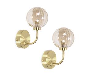 Valuelights Chessy Pair Of - Gold Metal Curved Wall Light With Amber Ribbed Glass Globe Shade