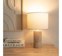 Valuelights Chloe Pair Of - Natural Marble Effect Bedside Table Lamp With Neutral Linen Shade - Led Bulbs Included