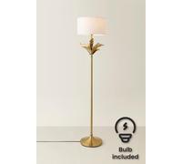 ValueLights Christina Fabric Drum Shade Gold Palm Leaf Detail Stem Floor Lamp with LED Bulb in White ValueLights White