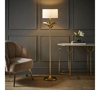 ValueLights Christina Fabric Drum Shade Gold Palm Leaf Detail Single Stem Floor Lamp in White ValueLights White