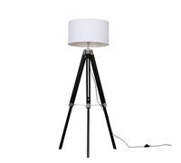 Modern Black Wood and Silver Chrome Tripod Floor Lamp with a White Drum Shade