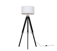 Modern Black Wood and Silver Chrome Tripod Floor Lamp with a White Drum Shade