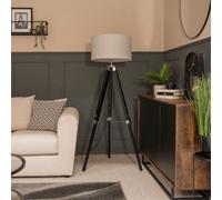 Valuelights Clipper Black Wood And Silver Chrome Tripod Floor Lamp With Grey Drum Shade