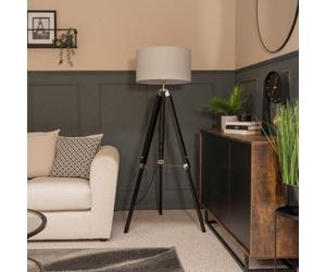 Valuelights Clipper Black Wood And Silver Chrome Tripod Floor Lamp With Grey Drum Shade