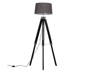 Valuelights Clipper Black Wood And Silver Chrome Tripod Floor Lamp With Grey Tapered Shade - Includes 6W Led Gls Bulb 3000K