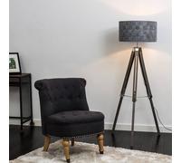 Modern Distressed Wood and Silver Chrome Tripod Floor Lamp with a Grey Felt Weave Design Cylinder Light Shade