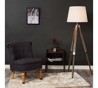 Modern Distressed Wood and Silver Chrome Tripod Floor Lamp with a White Tapered Light Shade