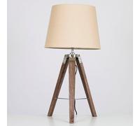 MiniSun | Modern Distressed Wood and Silver Chrome Tripod Table Lamps with Beige Tapered Light Shades | Home Décor, Bedside & Desk Lamp