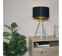 MiniSun | Distressed Wood and Silver Chrome Tripod Table Lamp with a Black/Gold Drum Shade | Home Décor, Bedside & Desk Lamp