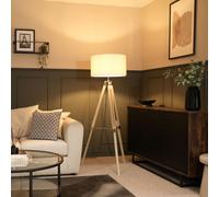Clipper Light Wood Tripod Floor Lamp Light with Boucle Shade ValueLights Cream 18 inches