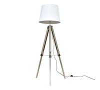 Modern Distressed Wood and Silver Chrome Tripod Floor Lamp with a White Tapered Light Shade