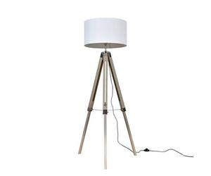 Valuelights Clipper Modern Light Wood & Chrome Tripod Floor Lamp With White Drum Shade With 6W Led Es E27 Frosted Gls Bulb