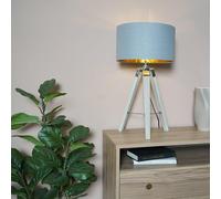 MiniSun | Modern Light Wood and Chrome Tripod Table Lamp with a Warm Grey/Gold Drum Shade | Home Décor, Bedside & Desk Lamp
