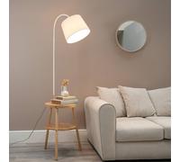 ValueLights Light Wood Tripod Storage Floor Lamp with Shelves and Fabric Lampshade Living Room Side Table - LED Bulb Included