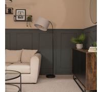 Modern Designer Style Black Curved Stem Floor Lamp with a Grey Drum Shade