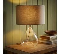 Valuelights Eloise Natural Linen Drum Shade Clear Glass Teardrop Table Lamp
