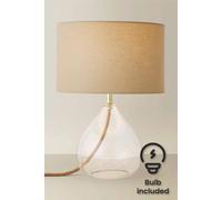 ValueLights Eloise Natural Linen Drum Shade Clear Glass Teardrop LED Table Lamp - Size: 36 x 25 x 25cm - White - Wilko