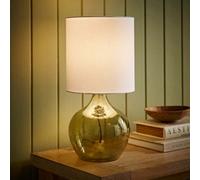 Valuelights Emily Natural Linen Drum Shade Dark Green Glass Teardrop Table Lamp