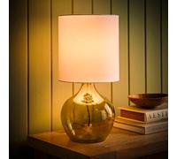 Valuelights Emily Natural Linen Drum Shade Dark Green Glass Teardrop Table Lamp And Led Bulb