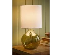 Valuelights Emily Natural Linen Drum Shade Dark Green Glass Teardrop Table Lamp Green