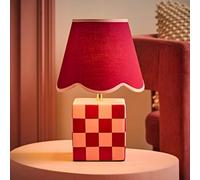 ValueLights Evie Check Cube Table Lamp with Trim Linen Scallop Lamp Shade & Bulb in Burgundy ValueLights Burgundy