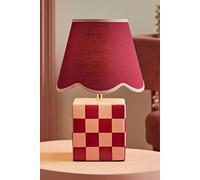 ValueLights Evie Ceramic Check Cube Table Lamp with Trim Linen Scallop Lamp Shade in Burgundy ValueLights Burgundy